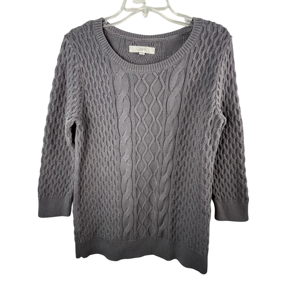 LOFT Cable Knit Sweater Women Large Gray Casual Cozy Fall Dark Academia Office